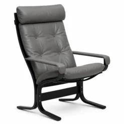 Fotel Siesta Classic High Z Podłokietnikami - Szara Skóra, Czarny Dąb Lk Hjelle