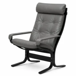 Fotel Siesta Classic High Z Podłokietnikami - Szara Skóra, Czarny Dąb Lk Hjelle