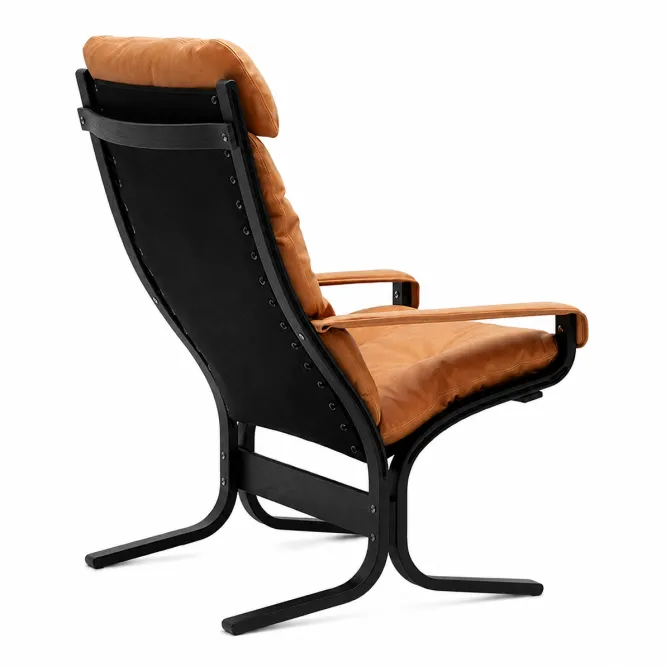 Fotel Siesta Classic High Z Podłokietnikami - Brązowa Skóra, Czarny Dąb Lk Hjell