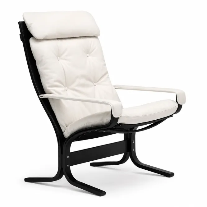 Fotel Siesta Classic High Z Podłokietnikami - Biała Skóra, Czarny Dąb Lk Hjelle