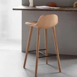 Krzesło Barowe Yuuga 75 Cm Naturalny Dąb - Brązowa Skóra Pwtbs