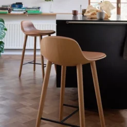 Krzesło Barowe Yuuga 75 Cm Naturalny Dąb - Brązowa Skóra Pwtbs