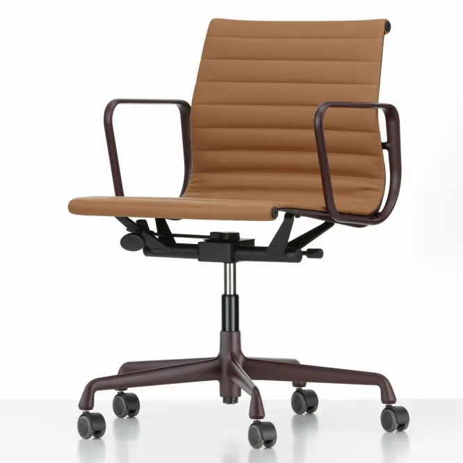 Krzesło Biurowe Aluminium Ea 117 Naturalna Skóra Cognac - Podstawa Bordowa Vitra