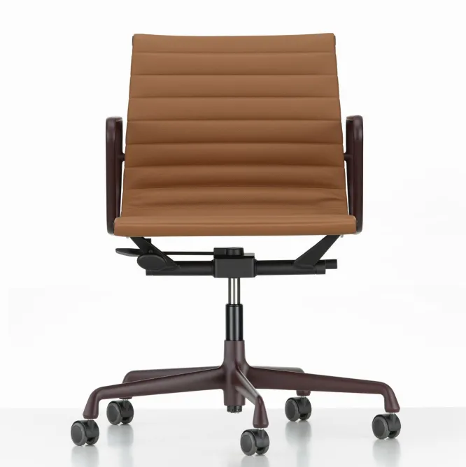 Krzesło Biurowe Aluminium Ea 117 Naturalna Skóra Cognac - Podstawa Bordowa Vitra